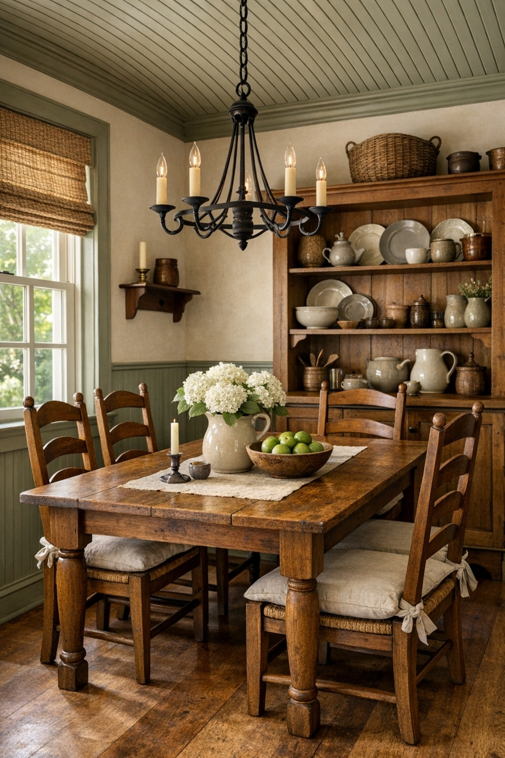 Cozy tiny home dining area with solid wood table and colonial farmhouse charm