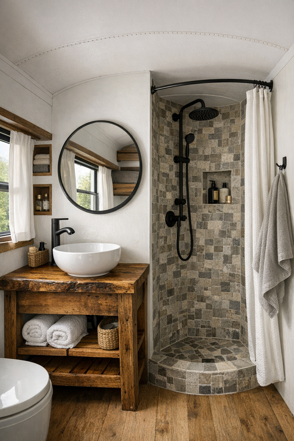 Compact rustic bathroom in a converted bus with a small wood vanity and tiled shower