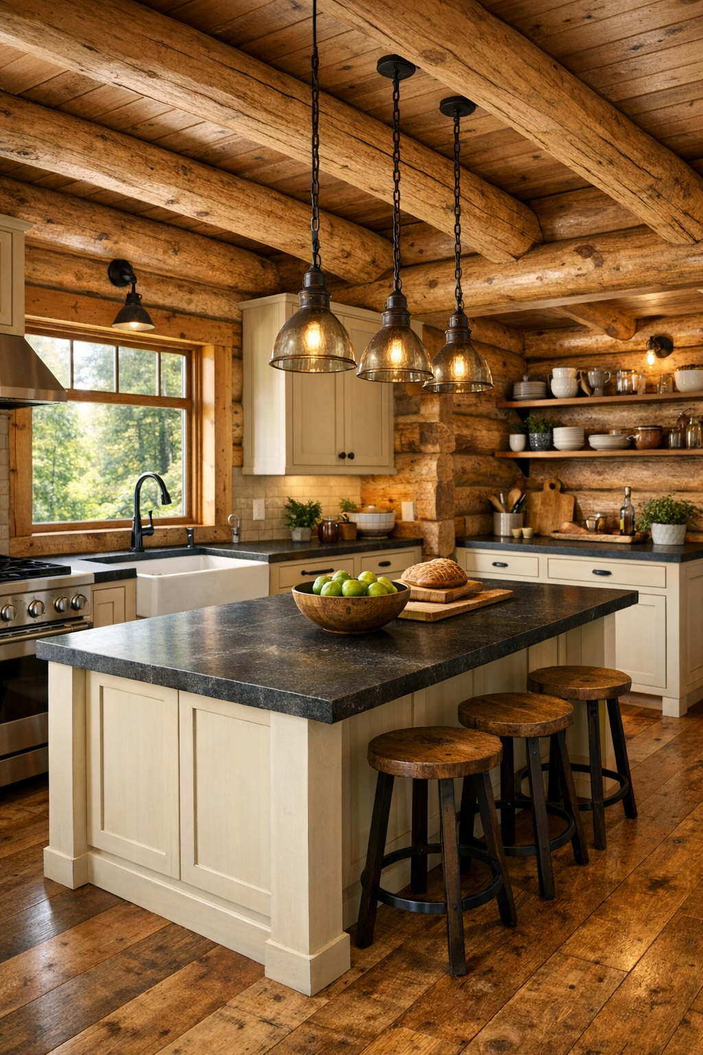 Inviting log home kitchen with cream cabinetry, dark counters, and a central island