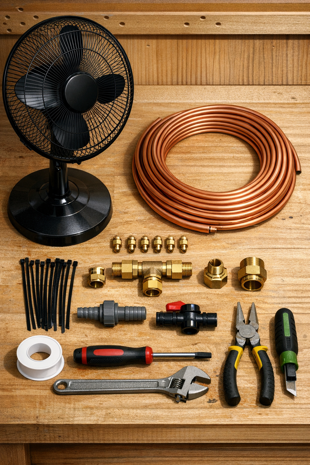 All materials for the outdoor fan mister laid out neatly