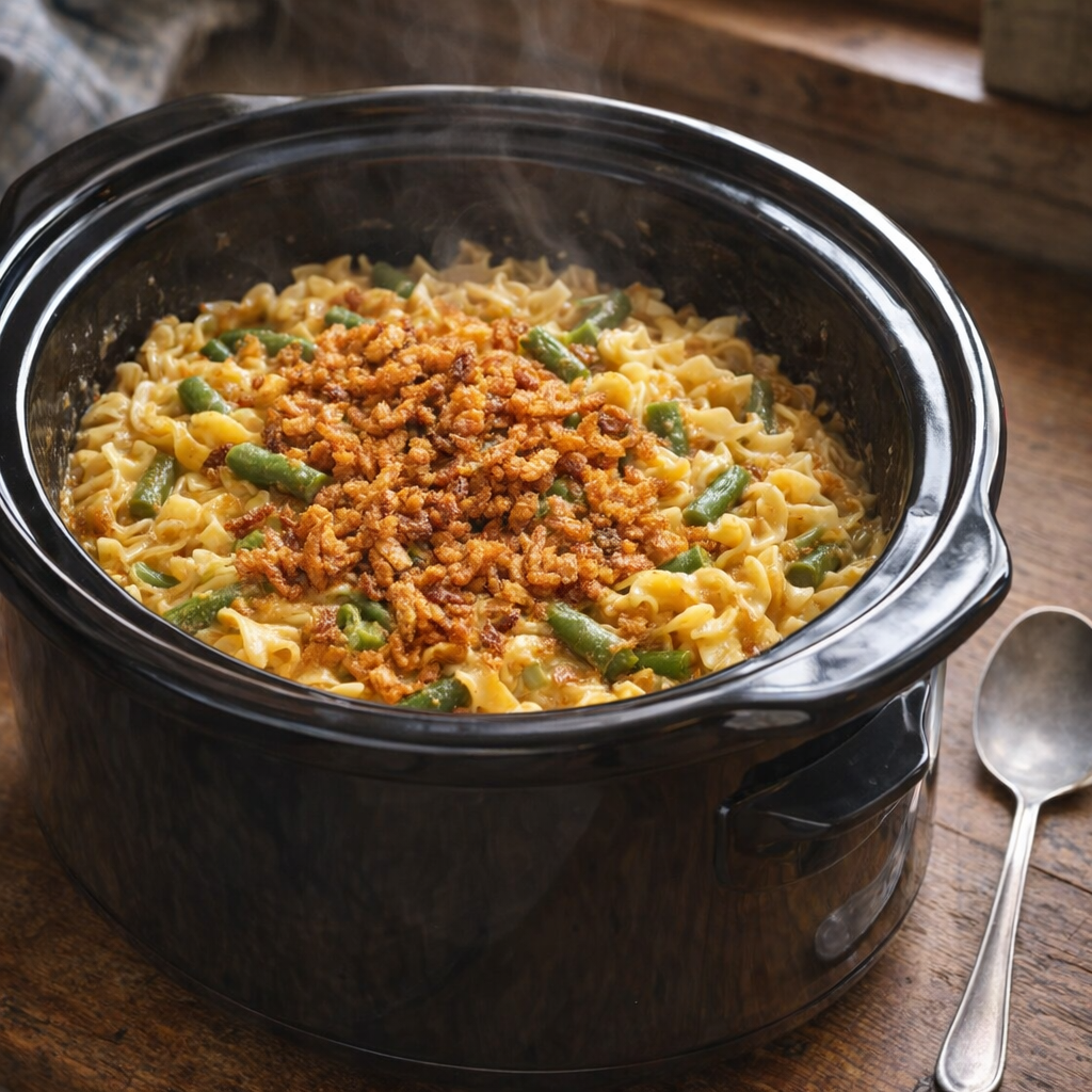 Slow cooker green bean noodle casserole in a rustic kitchen