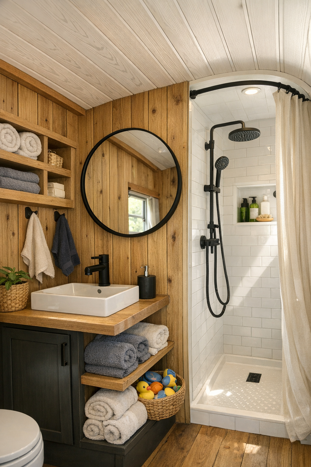 Charming small bus bathroom with wood cladding and compact vanity