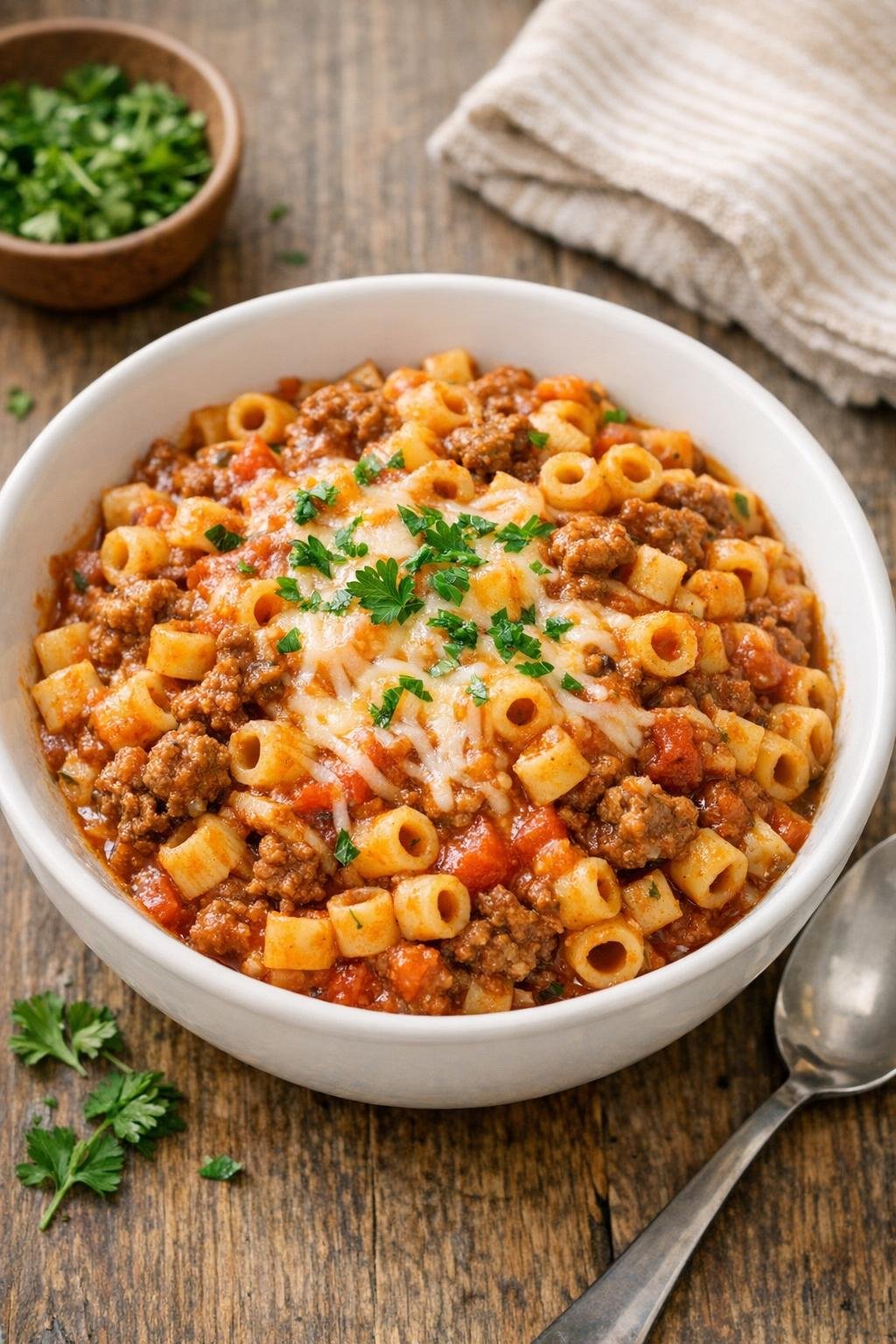 Finished slow cooker ditalini dinner plated in a bowl