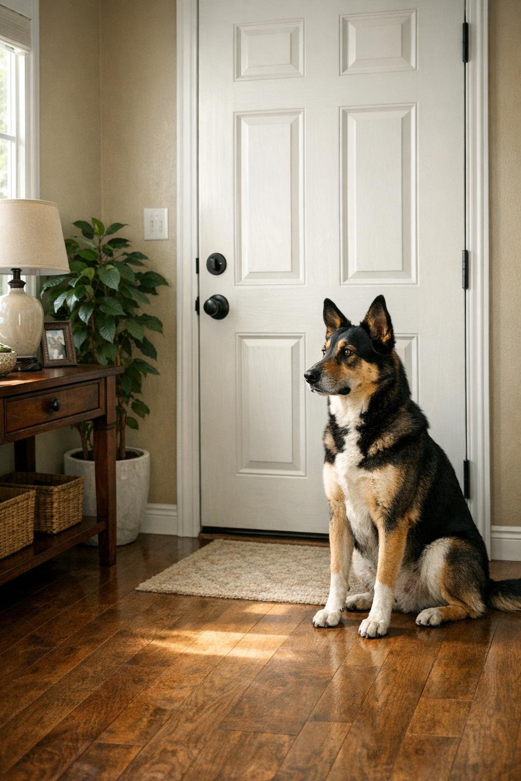 Watchful dog positioned beside a home entry door