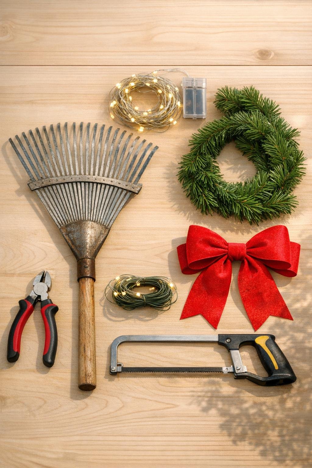 Leaf rake, fairy lights, faux pine garland, red bow, wire cutters, floral wire, and hacksaw laid out together