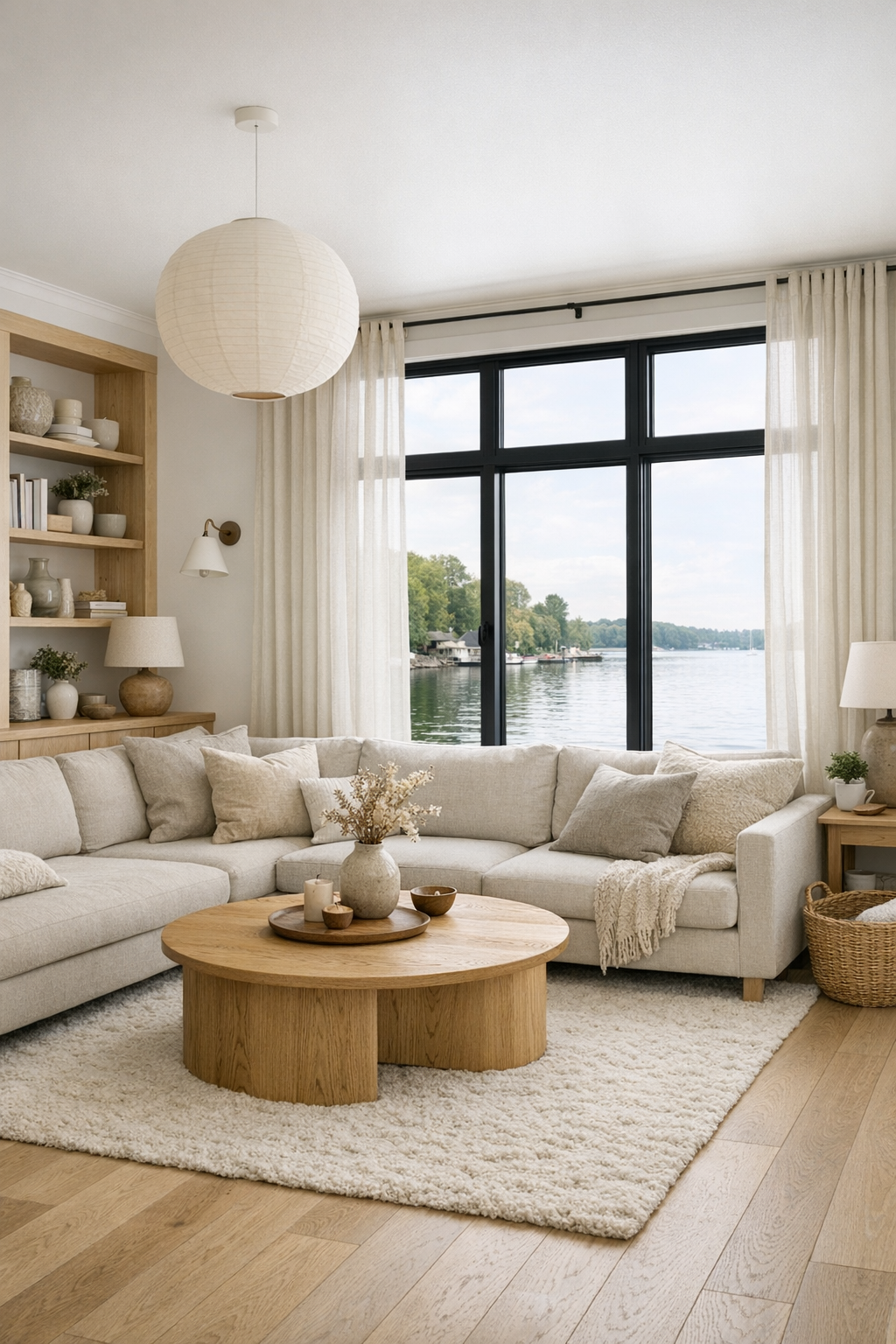 Serene Scandinavian living room with pale oak floors, oatmeal sofa, and wide water-facing windows