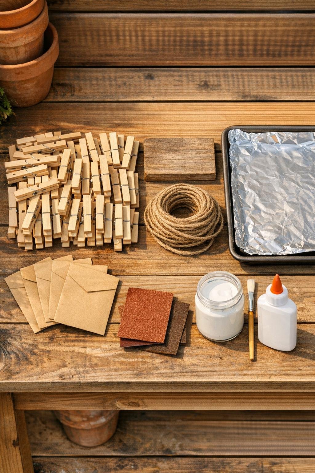Materials for a baked clothespin seed envelope holder laid out on a work surface