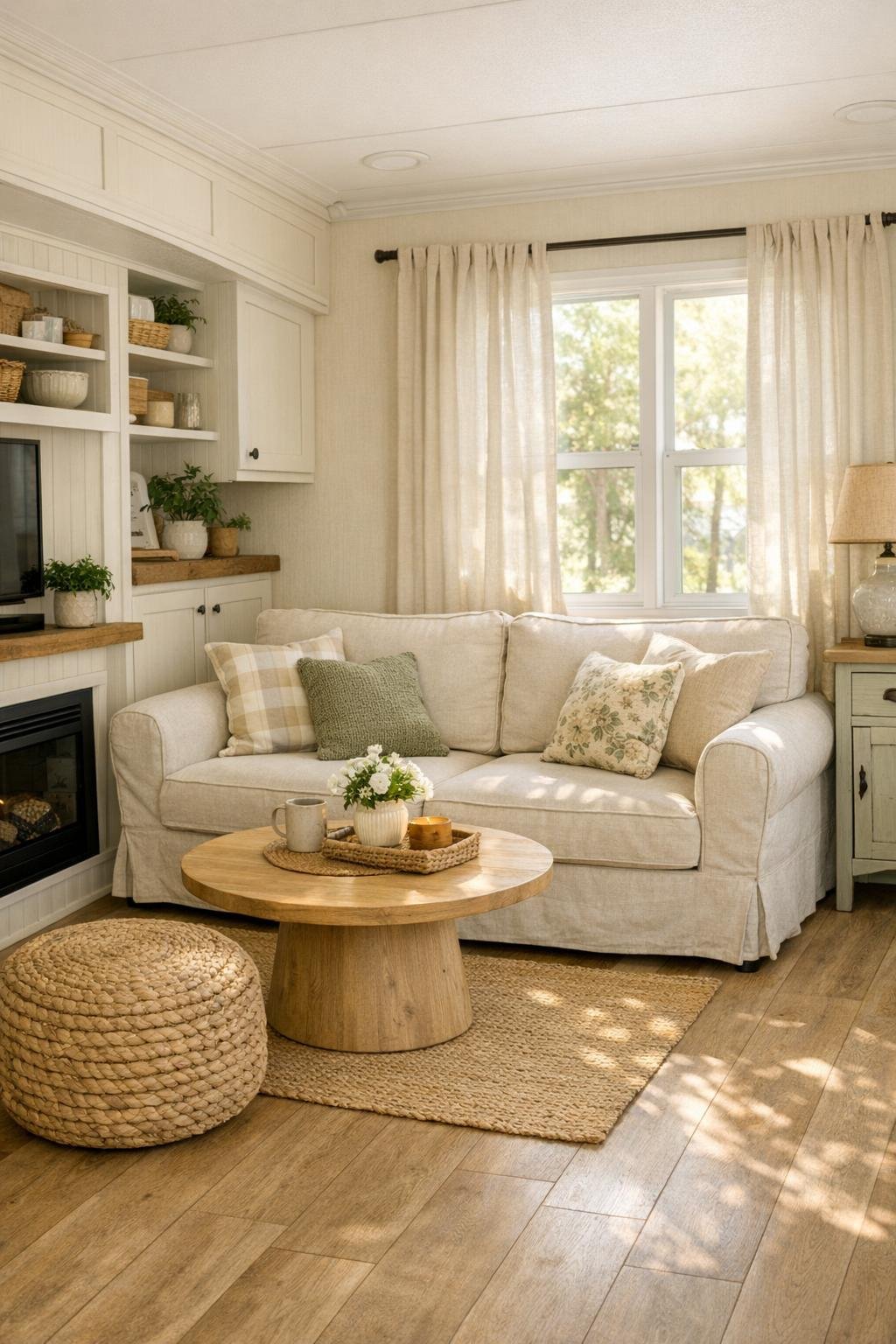 Cozy living room with oatmeal sofa, light wood floors, and soft cottage details