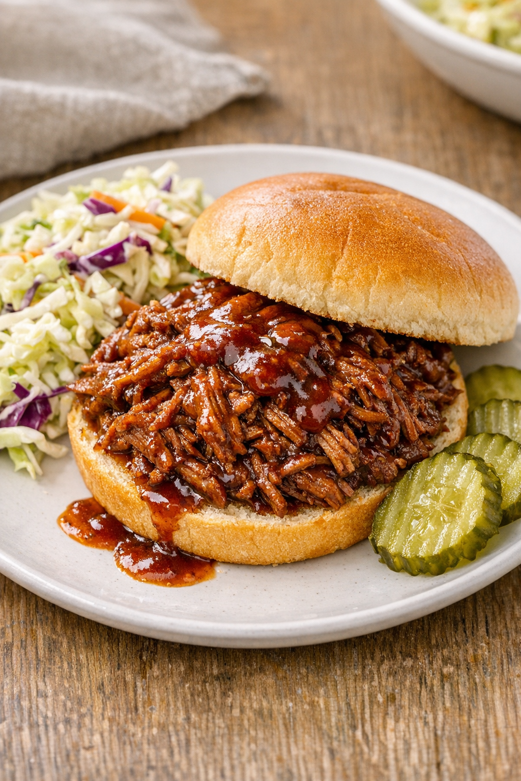 Plated slow cooker shredded barbecue beef