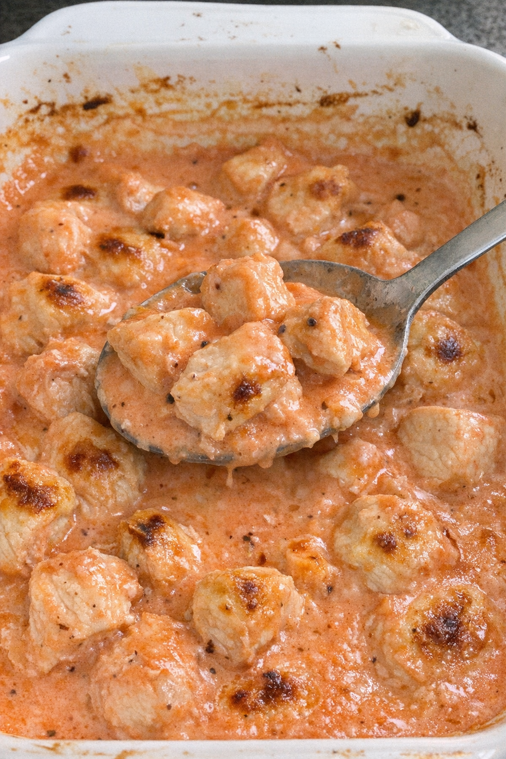 Tender chicken pieces in rich coral-pink cream sauce in a white casserole dish