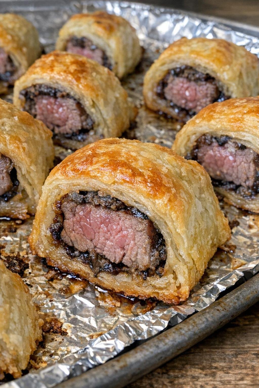 Oven baked beef wellington bites on a foil-lined baking sheet