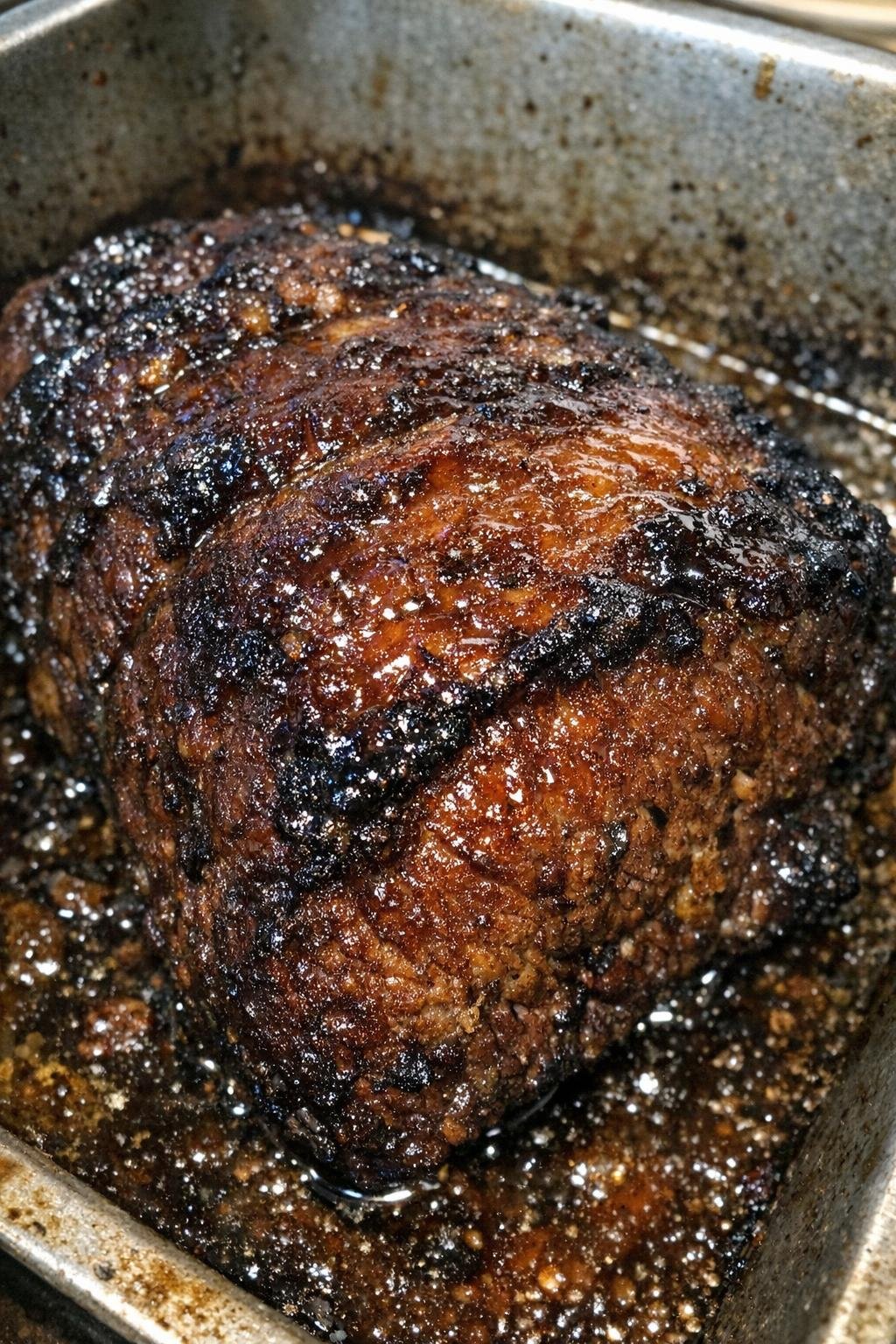 Roasted beef roast with a deeply caramelized glossy crust in a metal baking pan