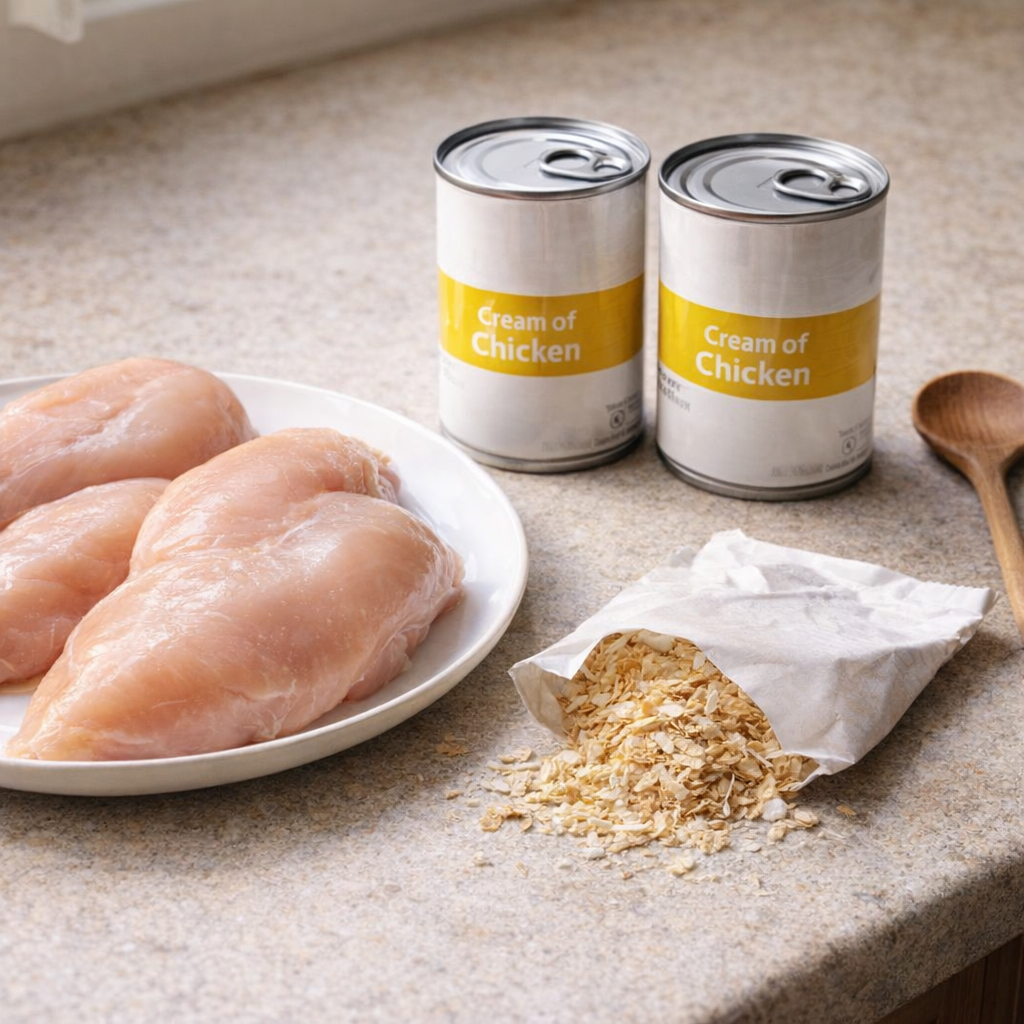 Three simple ingredients arranged on a kitchen counter