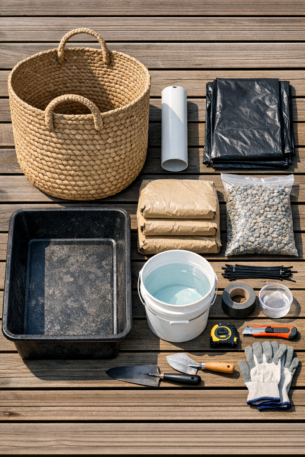 Materials for making a basket patio umbrella stand laid out together