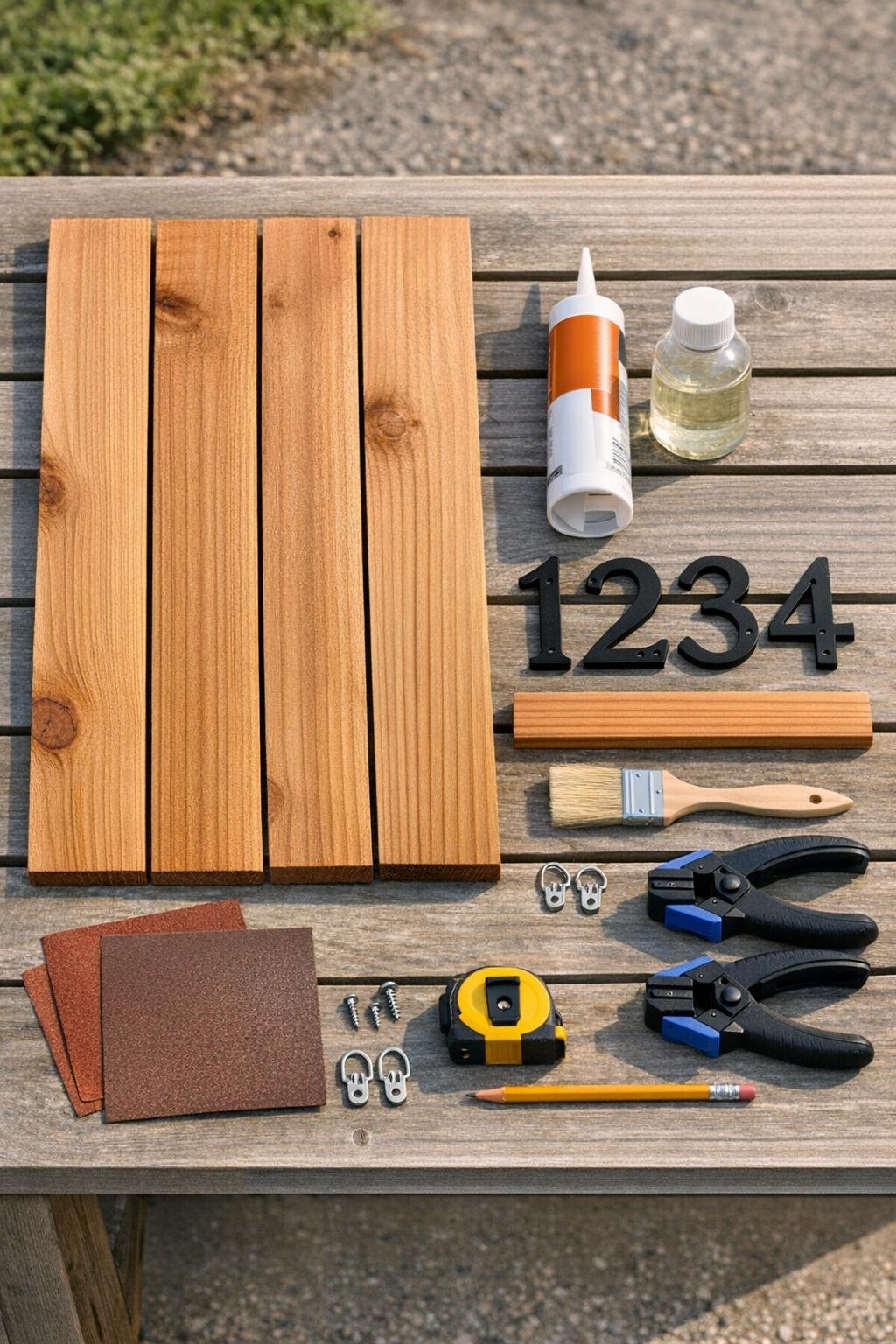 Materials for a cedar porch address sign laid out neatly