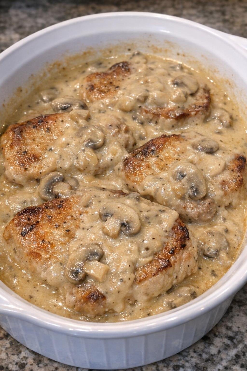 Pork chops baked in creamy mushroom sauce