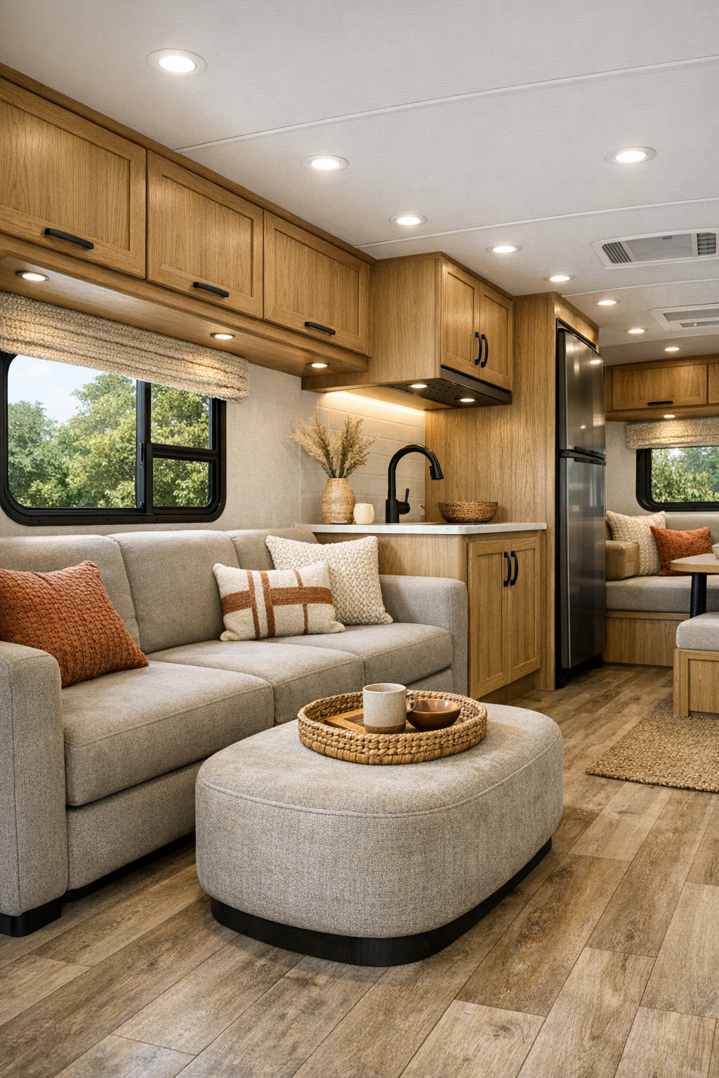 Accessible RV living room with greige sofa, oak cabinetry, and warm layered lighting