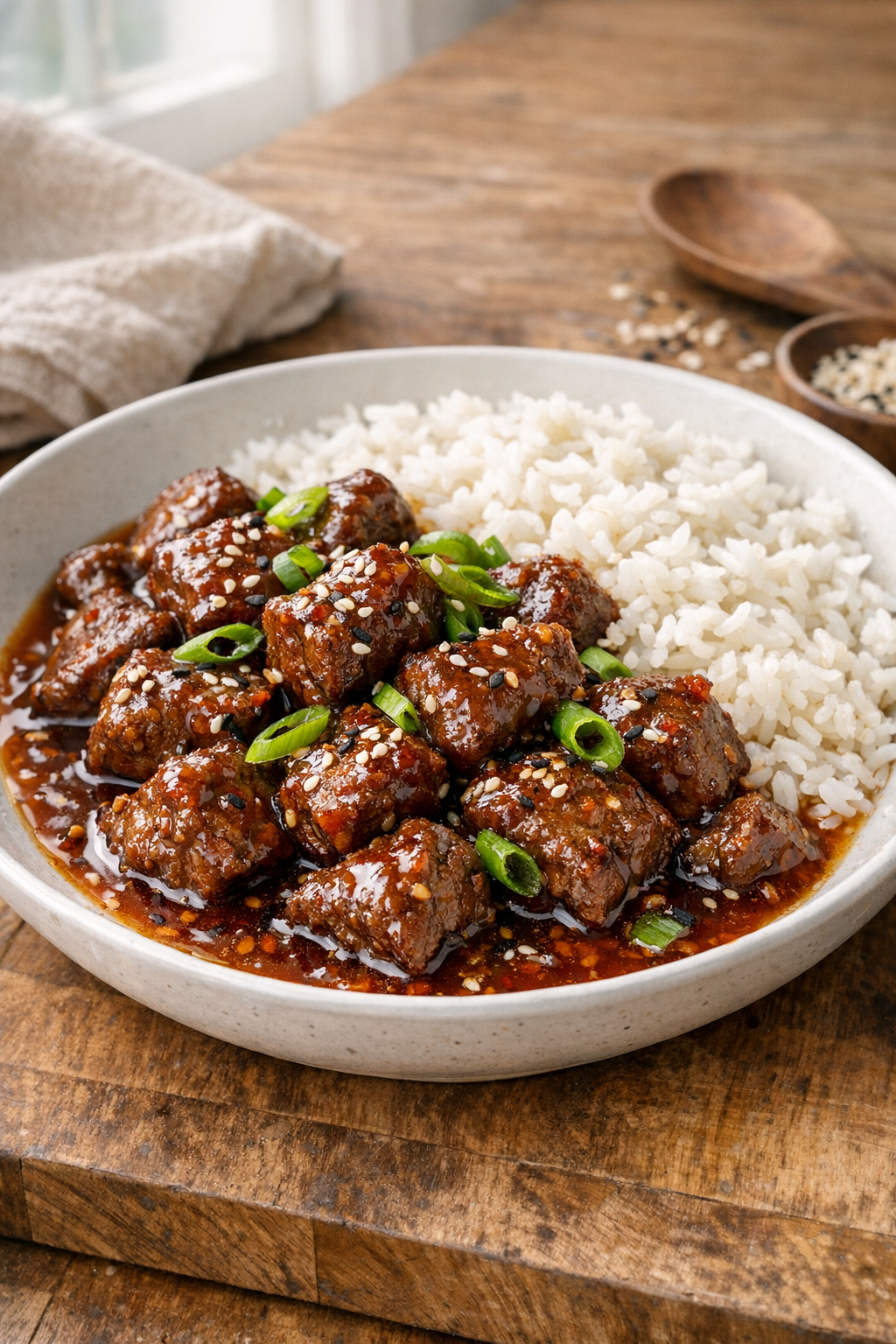 Finished sweet chili beef bites plated with rice