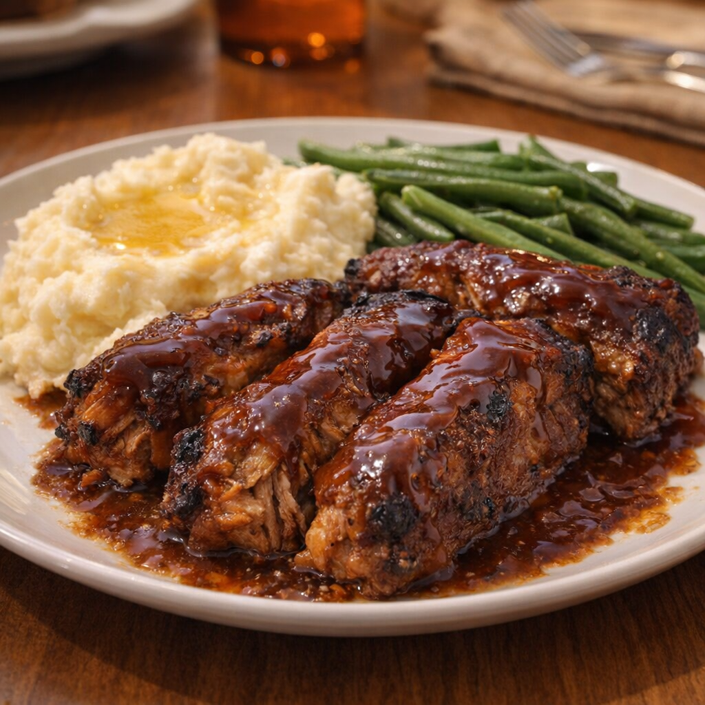 Plated slow cooker ribs with mashed potatoes and green beans