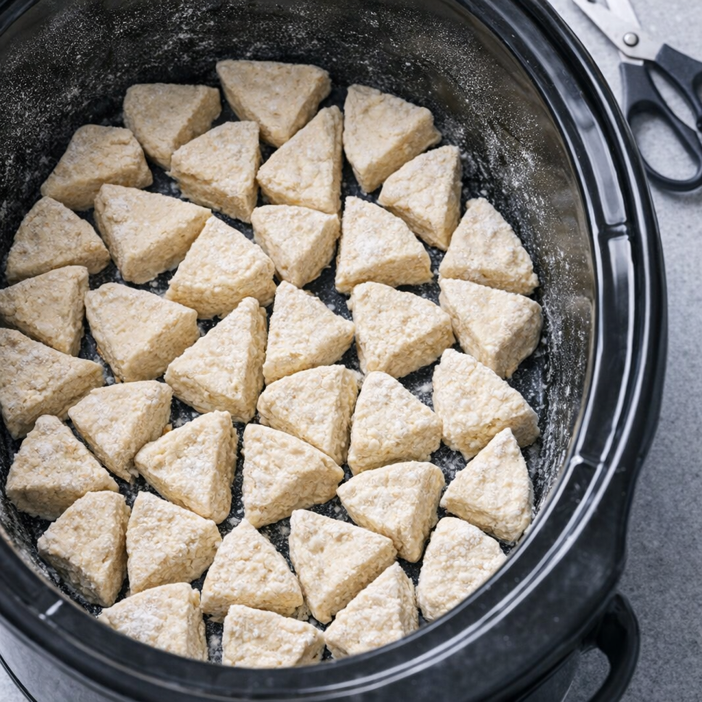 Frozen biscuit pieces spread in a slow cooker