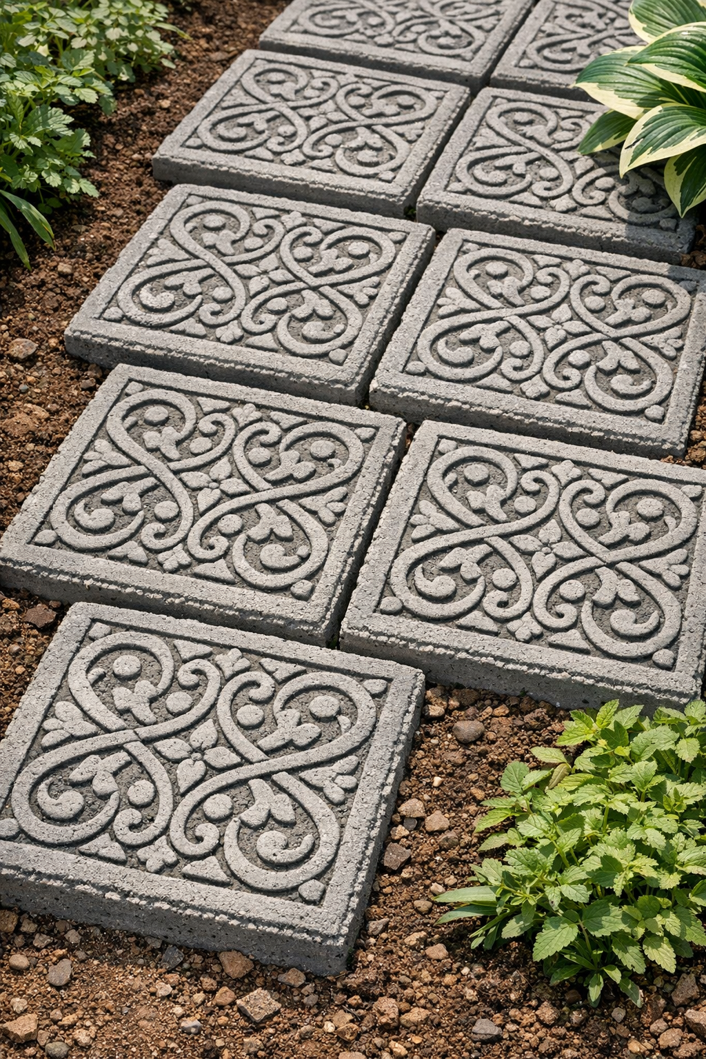Finished textured grey cement garden pavers with carved stone look