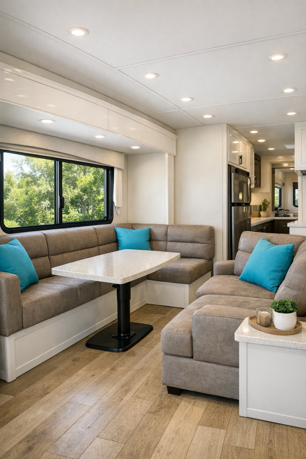 Bright accessible RV living room with pale flooring, built-in seating, and large windows