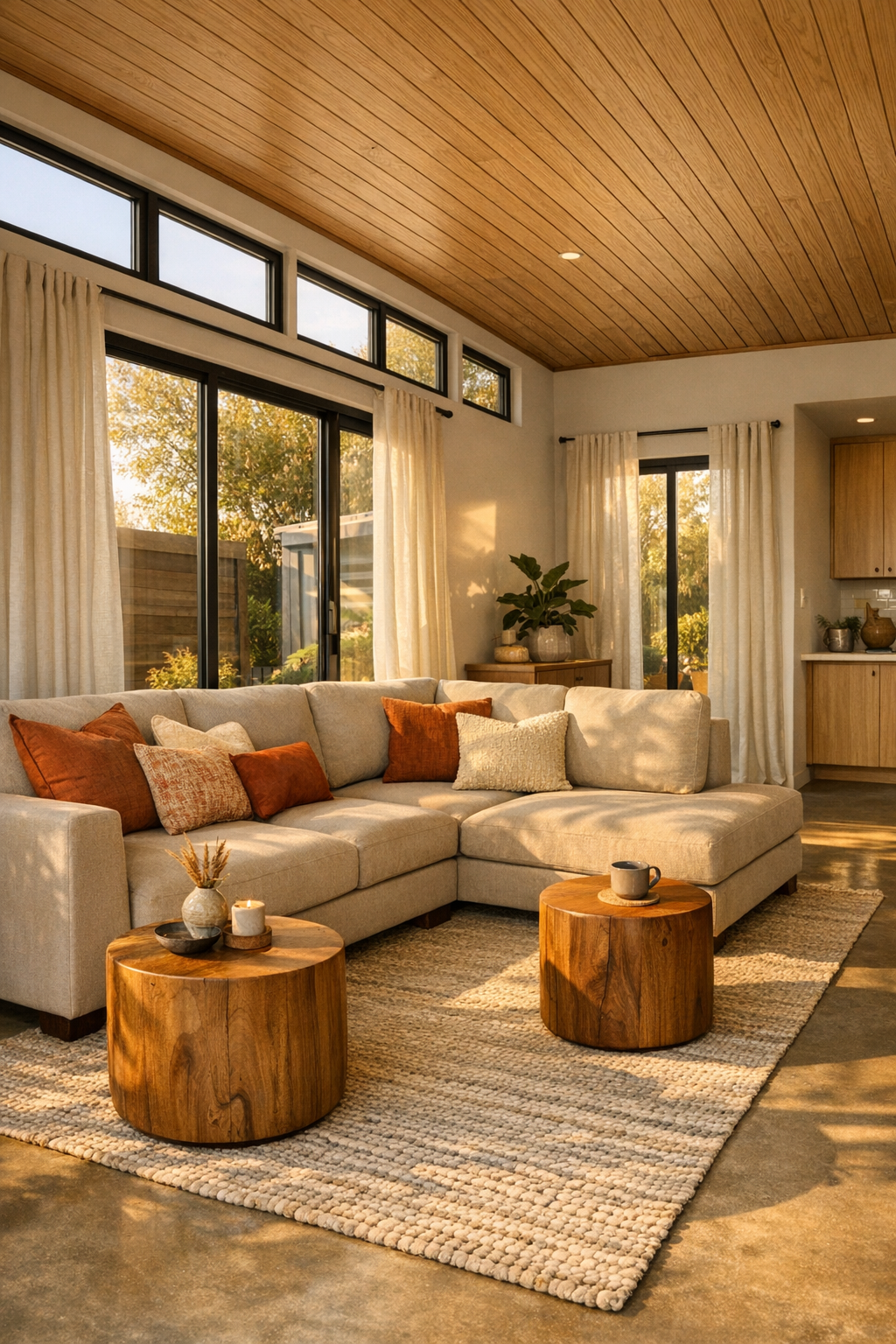 Warm accessible living room with beige sectional, oak ceiling, and terracotta accents
