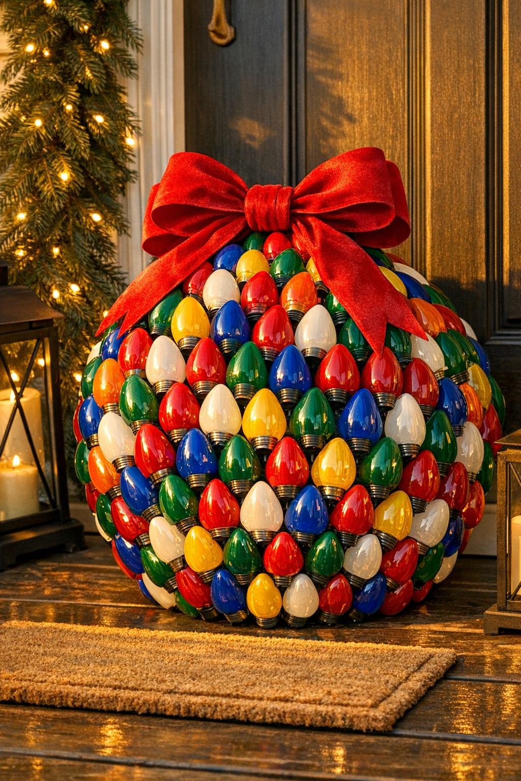 Finished giant porch ornament made from old Christmas light bulbs