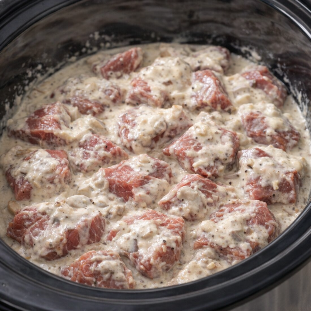 Slow cooker filled with beef and creamy sauce before cooking