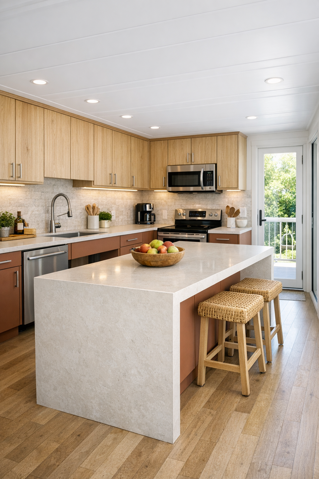 Accessible kitchen with clay cabinetry and quartz island
