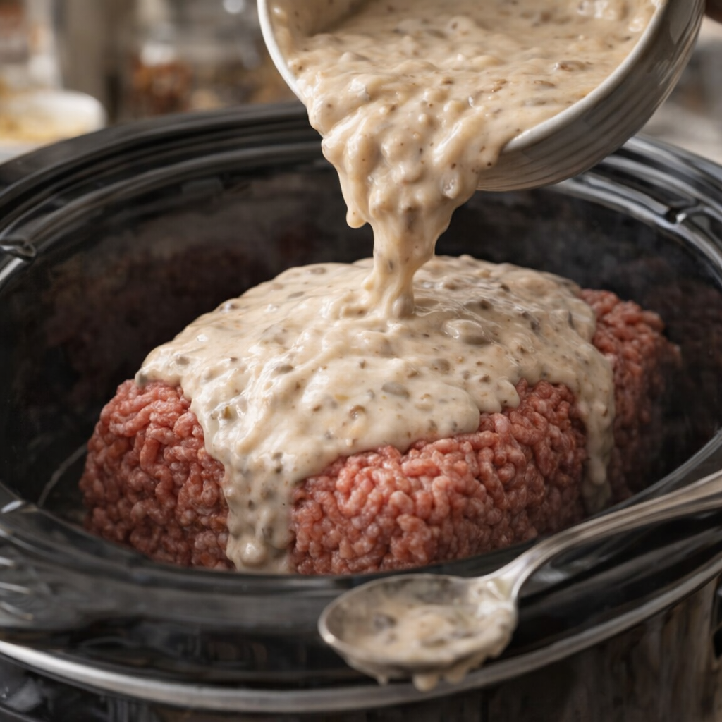 Creamy soup mixture being poured over ground beef