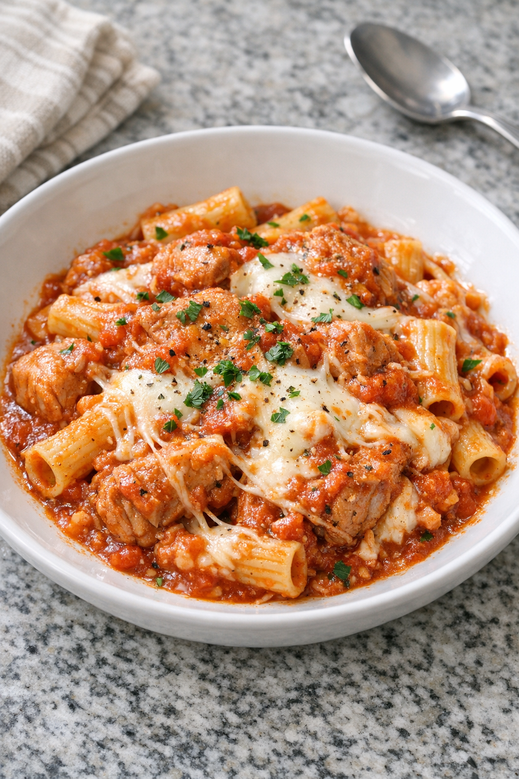 Finished plated mozzarella turkey pasta