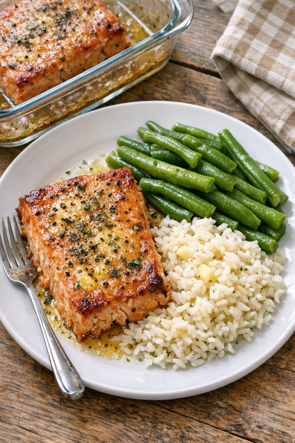 Finished baked smoked salmon plated for dinner