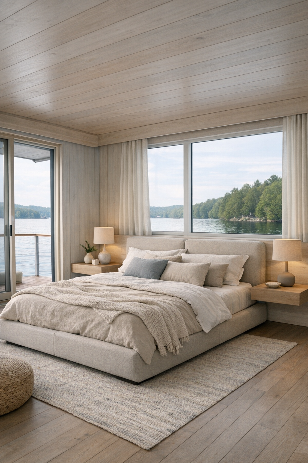 Serene bedroom with a low upholstered bed, pale wood details, and lake views