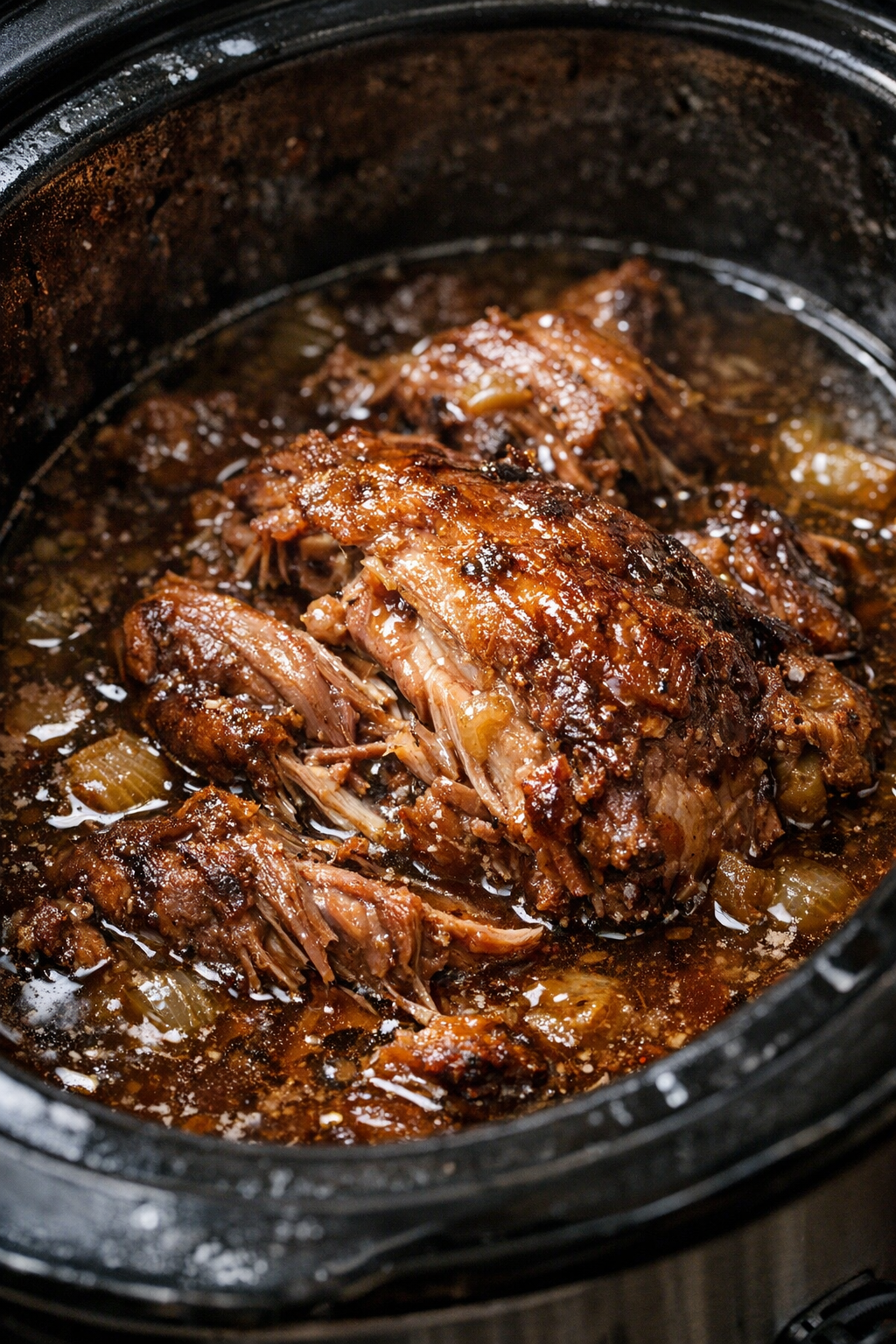 Finished slow cooker protein feast in rich broth