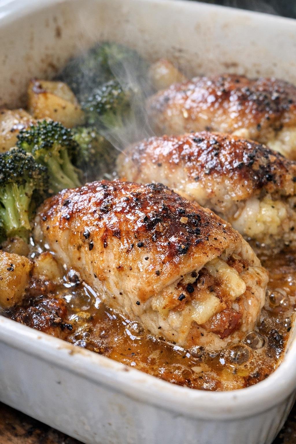Finished oven chicken bake in a ceramic baking dish