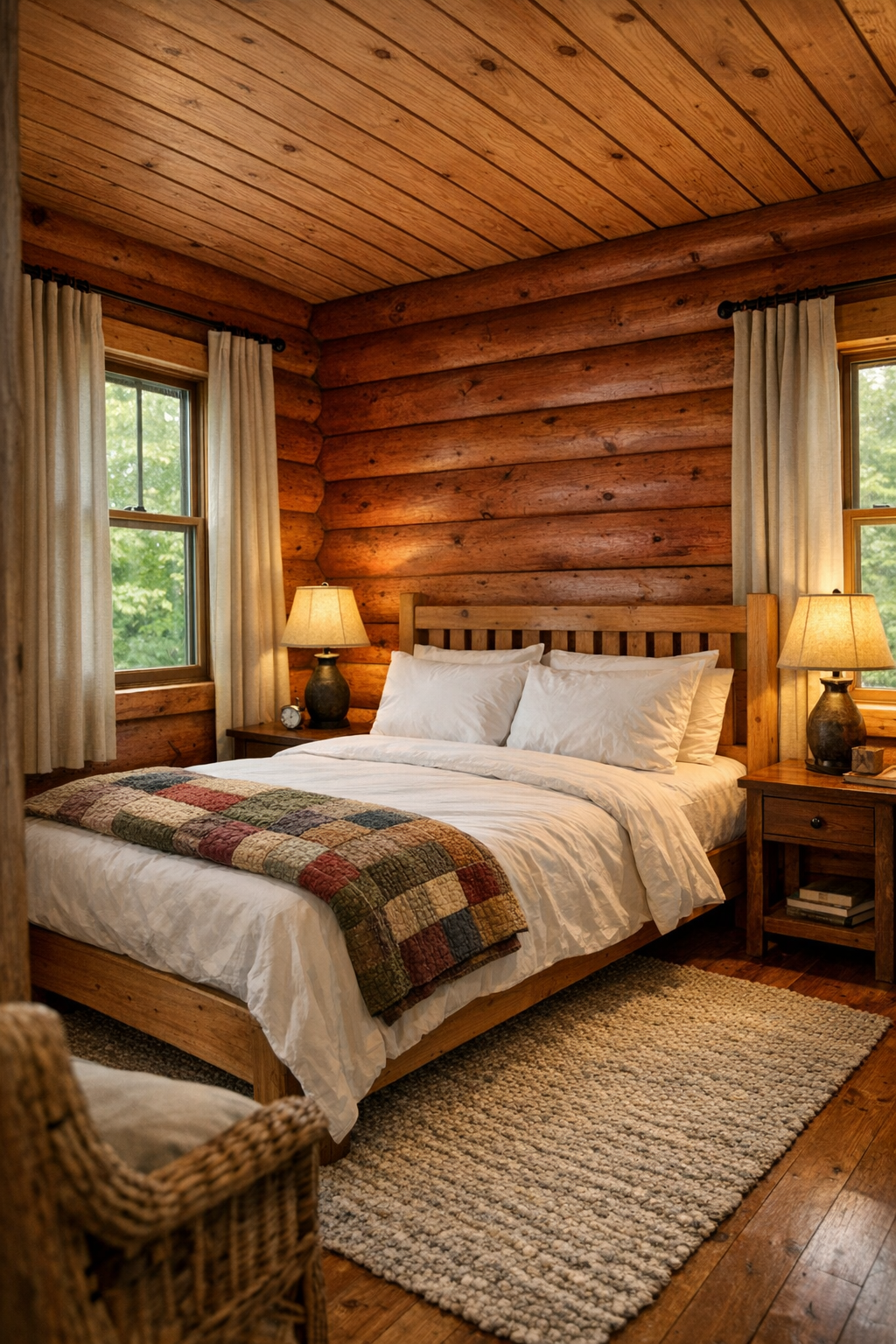 Calm bedroom with red pine log walls, layered neutral bedding, and soft natural light