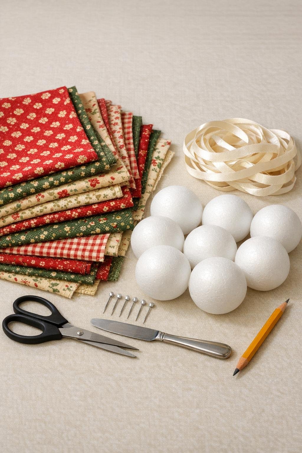 Materials for making fabric-covered foam ball ornaments laid out on a table