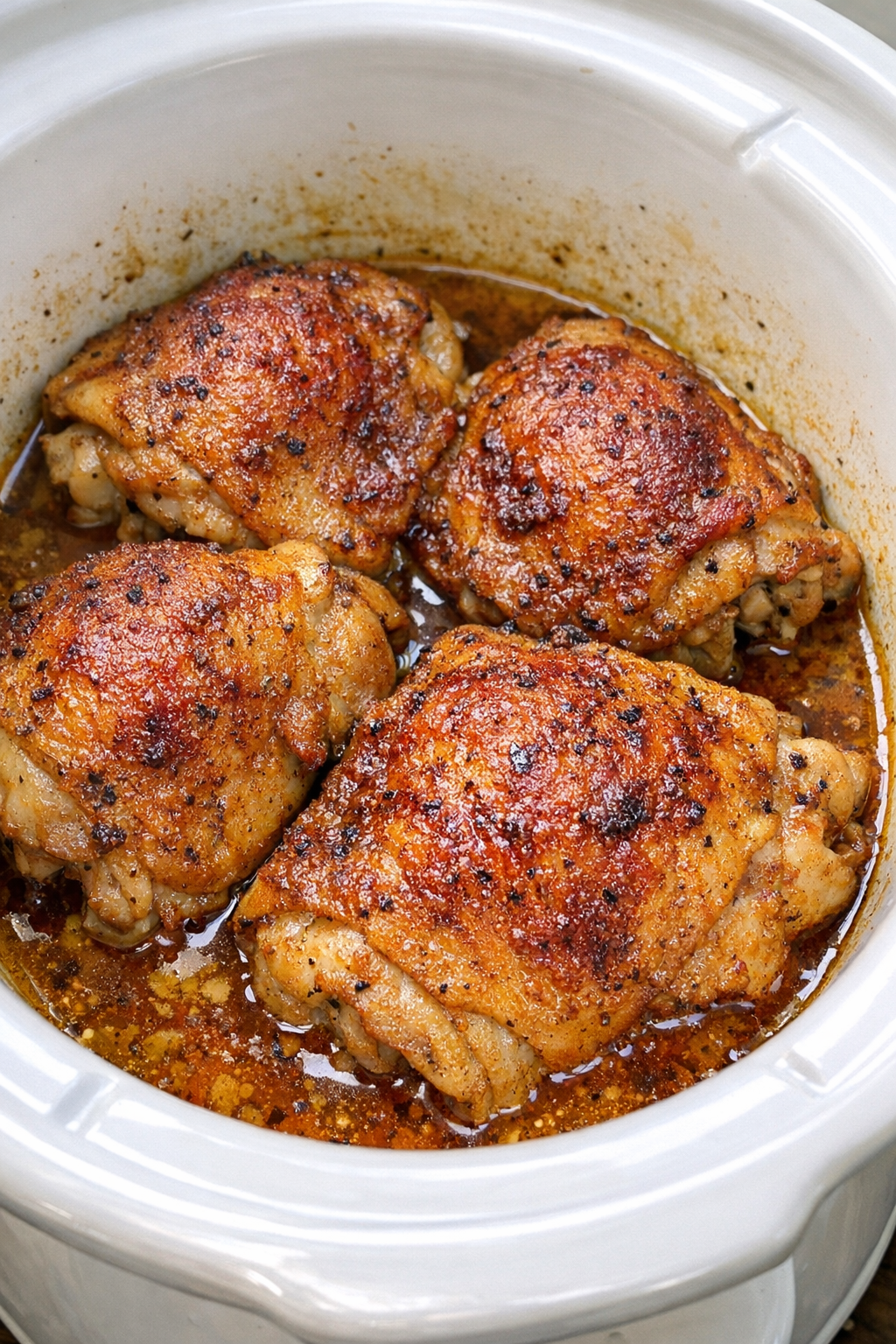 Slow cooker Amish paprika chicken in a white slow cooker