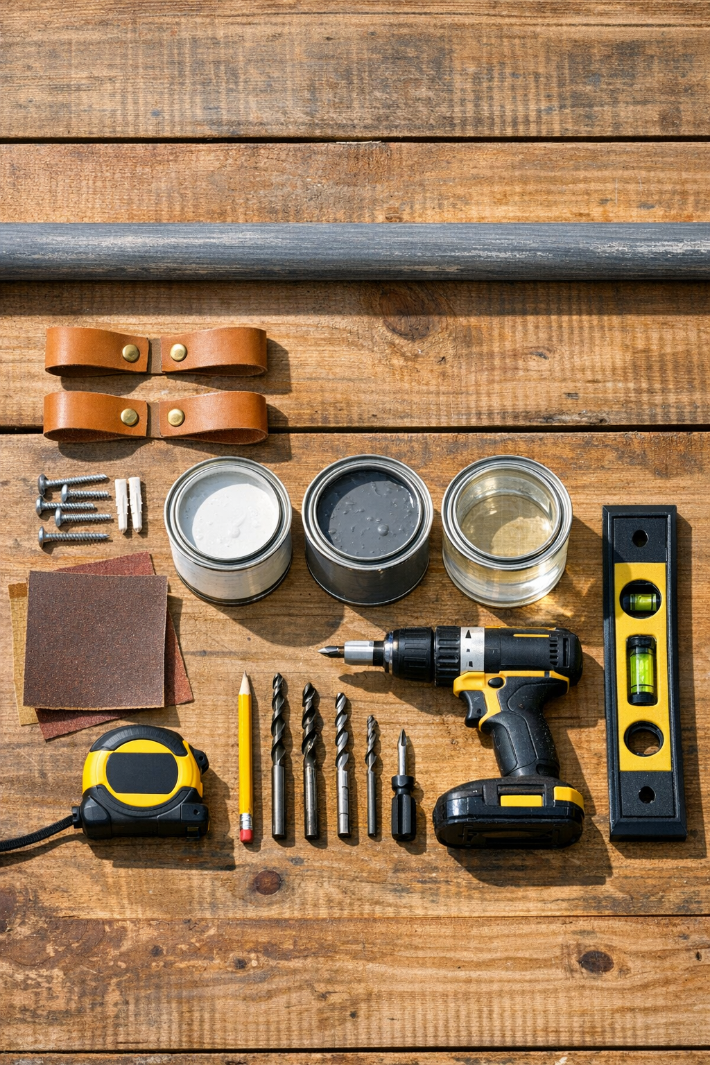 Materials for an outdoor towel holder laid out on a work surface