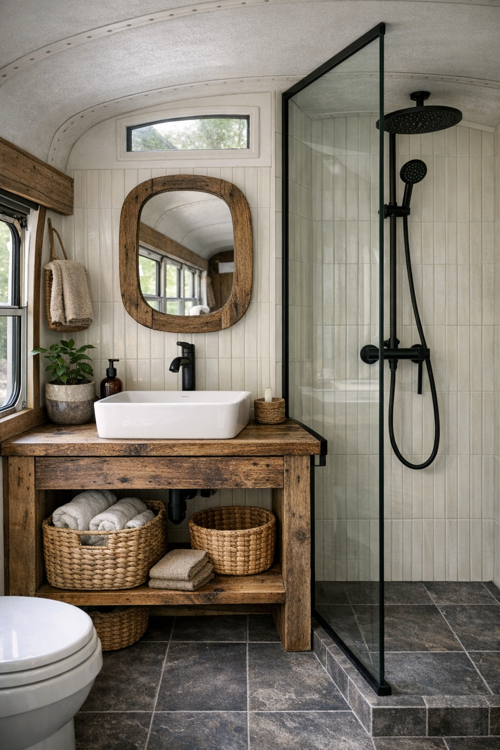 Compact rustic bus bathroom with reclaimed wood vanity and tiled wall