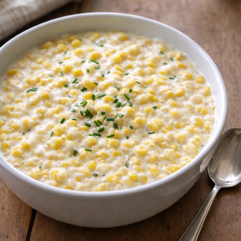 Slow cooker creamed corn served in a simple bowl