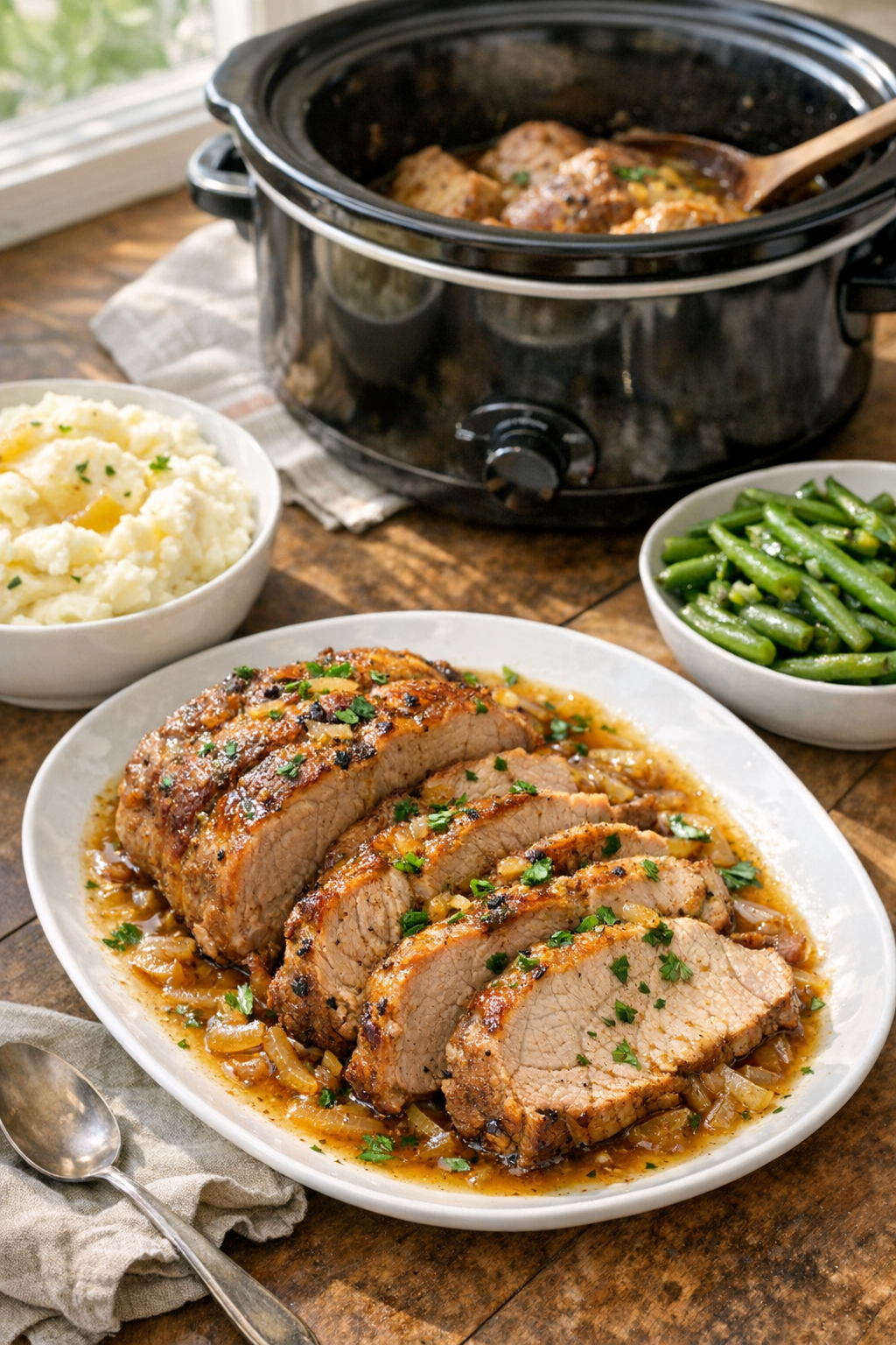 Finished slow cooker pork ribeye roast plated with juices