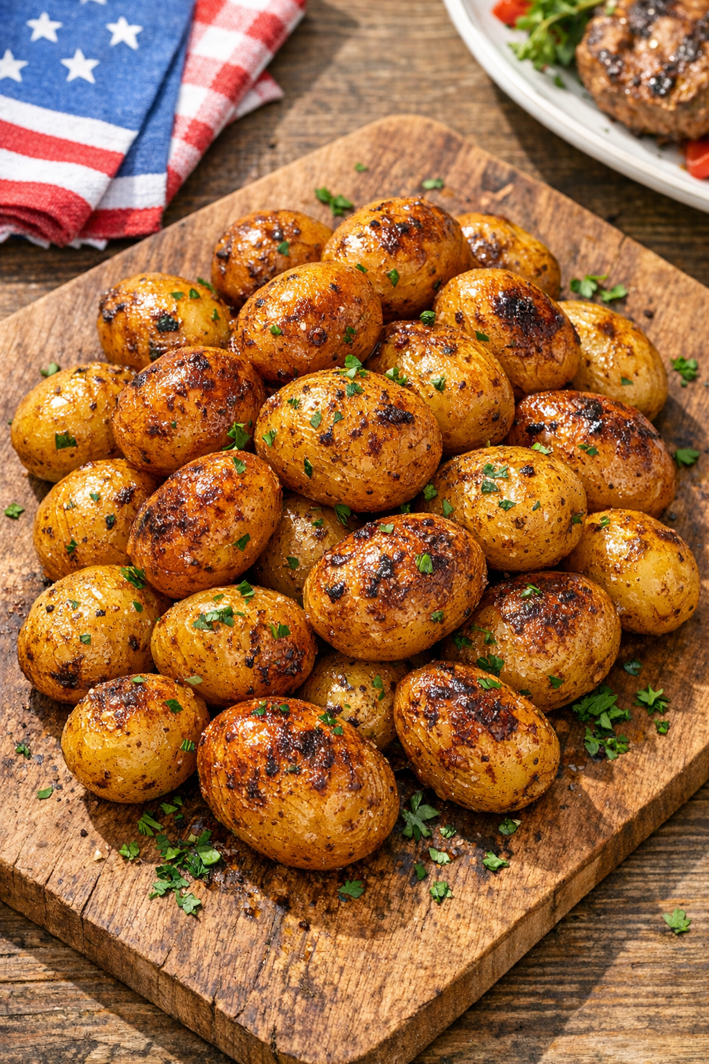 Finished caramelized baby potatoes on a rustic board