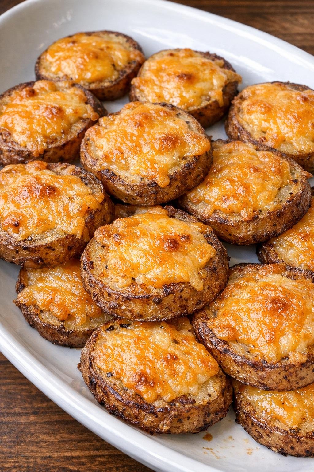 Close-up of crispy potato crostini with melted cheddar
