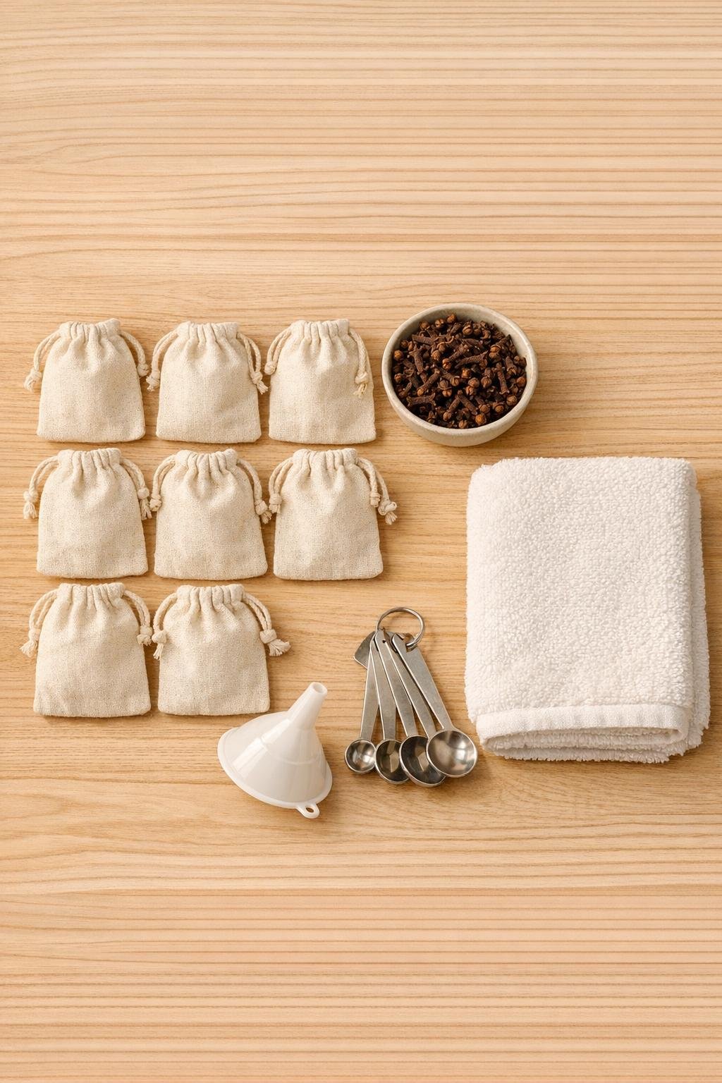 Materials for clove sweater sachets laid out neatly
