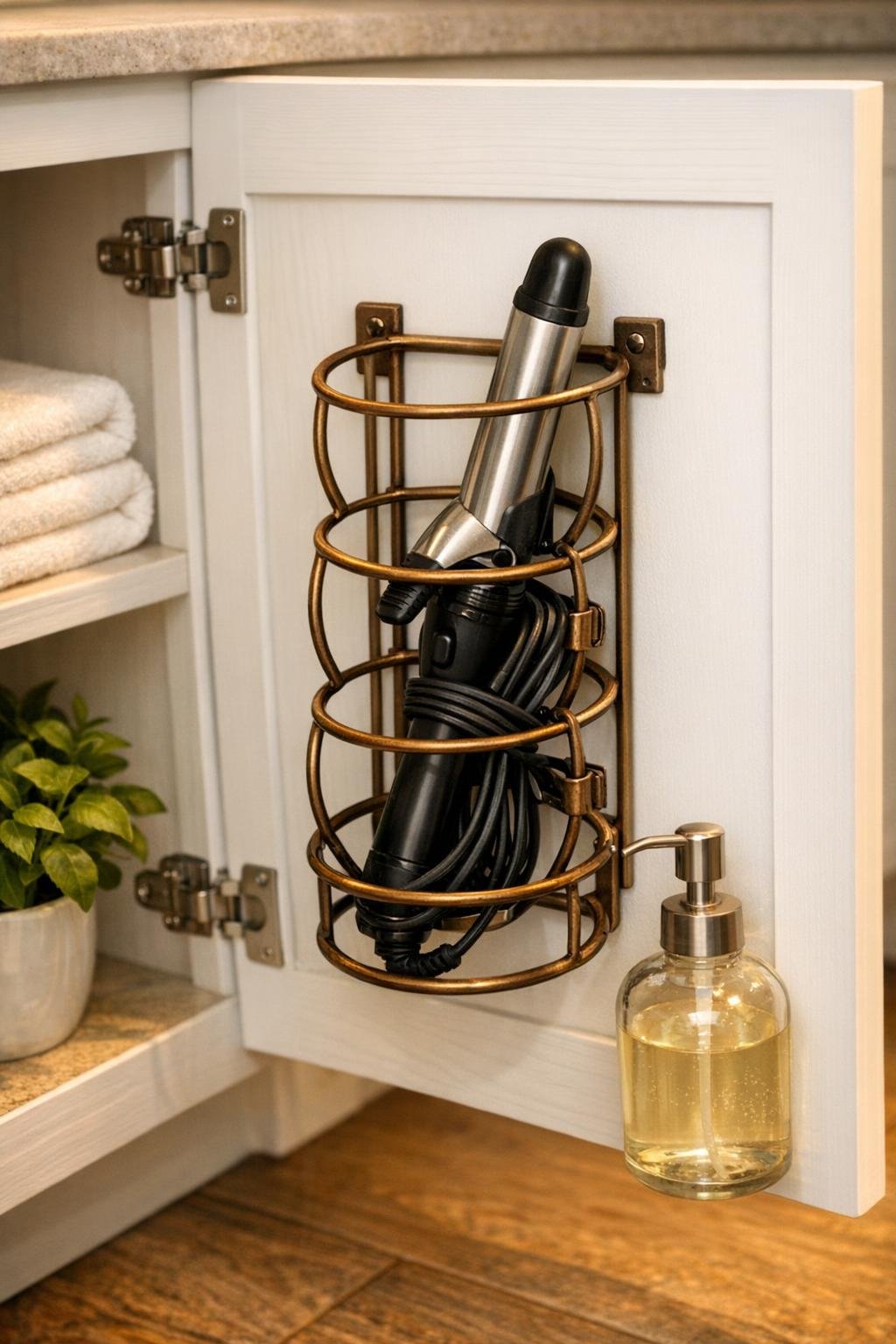 Finished bronze wine holder curling iron organizer inside vanity door