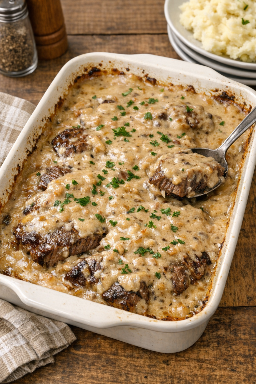 Finished baked chuck eye steak with creamy bacon gravy in a casserole dish