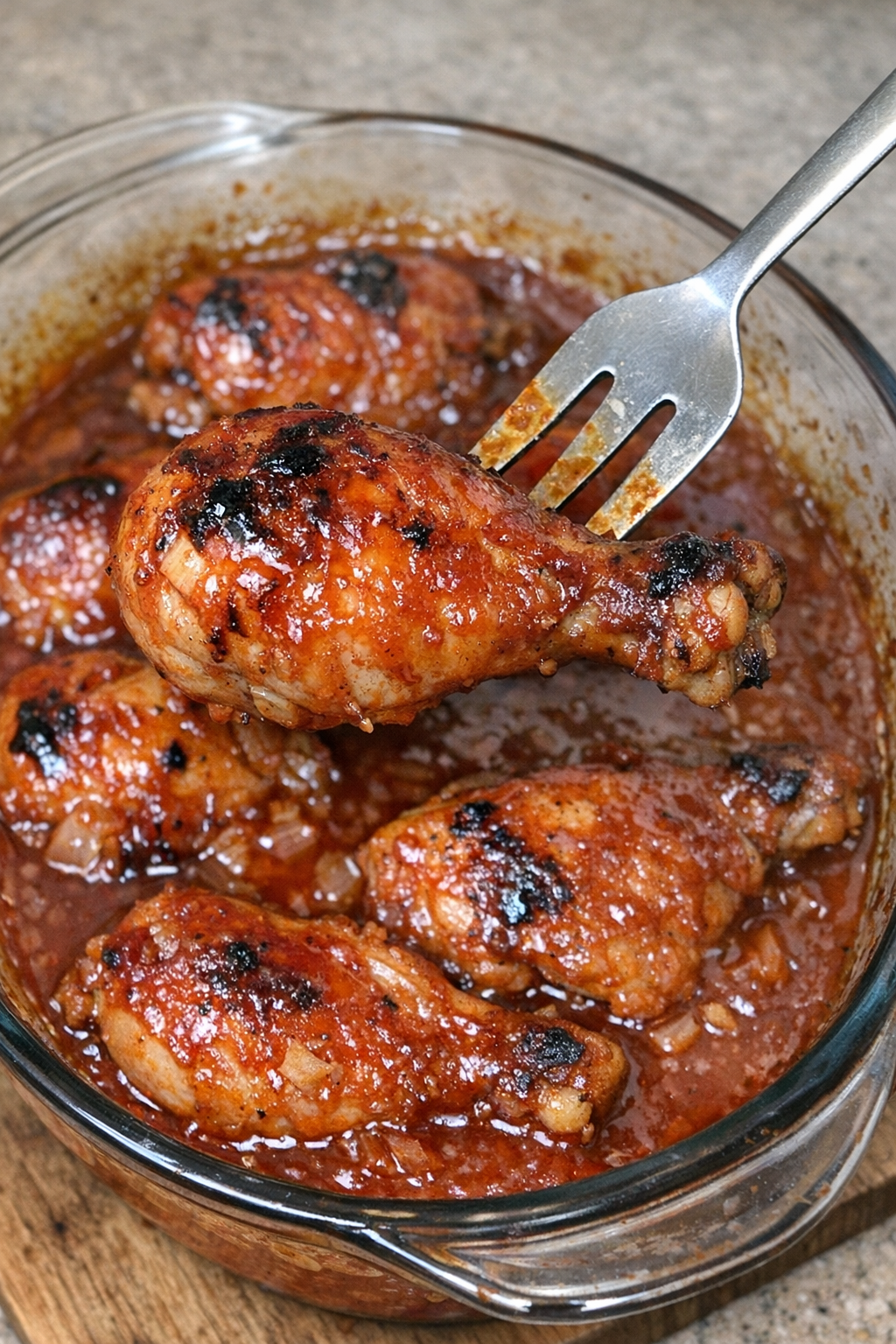 Chicken baked in tangy red sauce in a glass dish