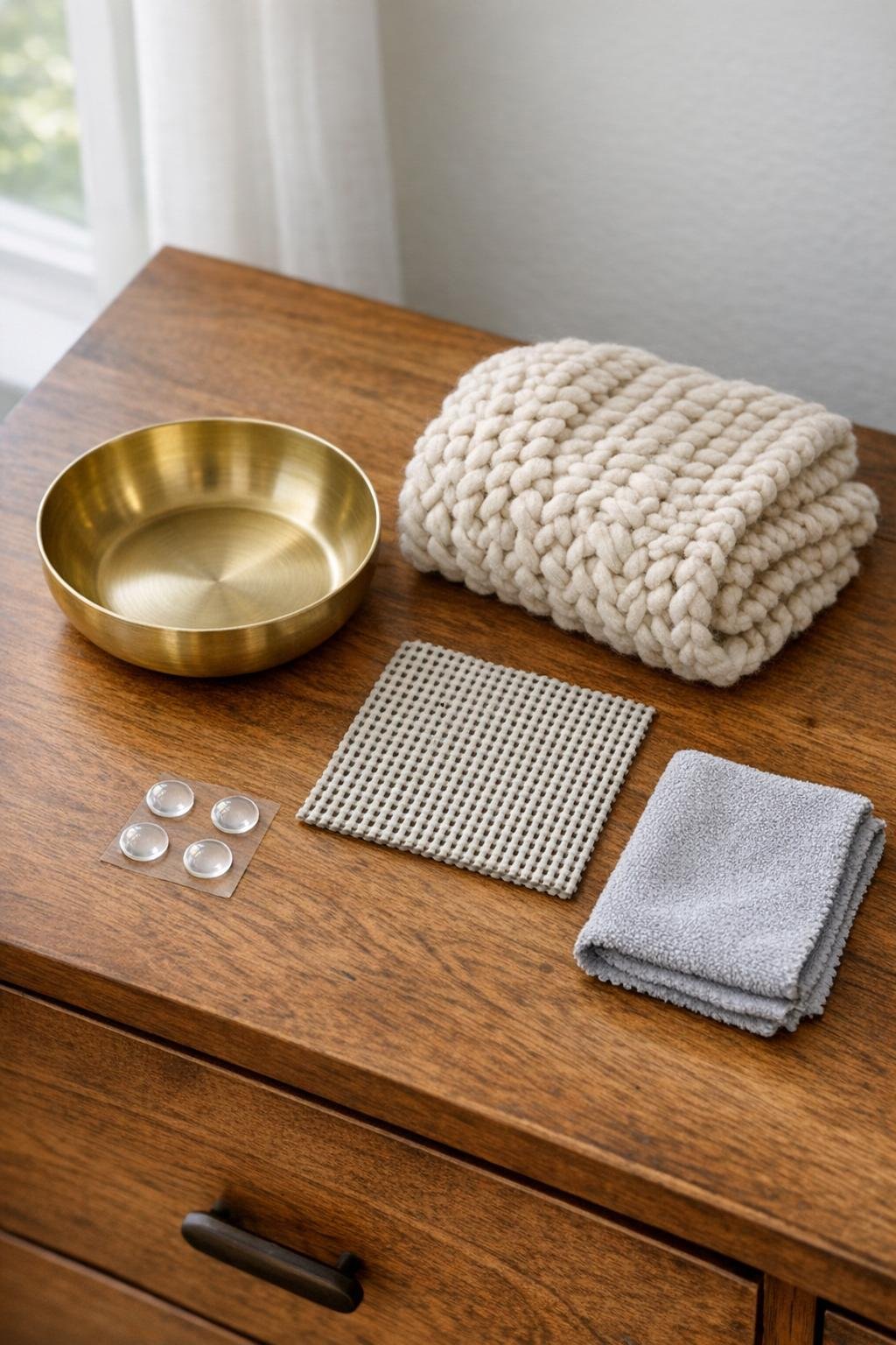 Materials for a brass bowl and chunky knit scarf bedroom catchall laid out on a dresser